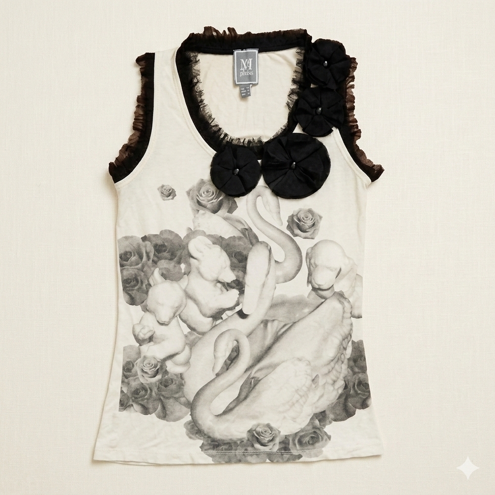 MNG Jeans Vintage Graphic Swan & Puppy Tank Top • Black Lace Trim • Size S